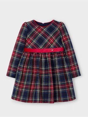 Mayoral Red, Navy & Green Plaid Holiday Dress with Heart Belt Accent size 3T